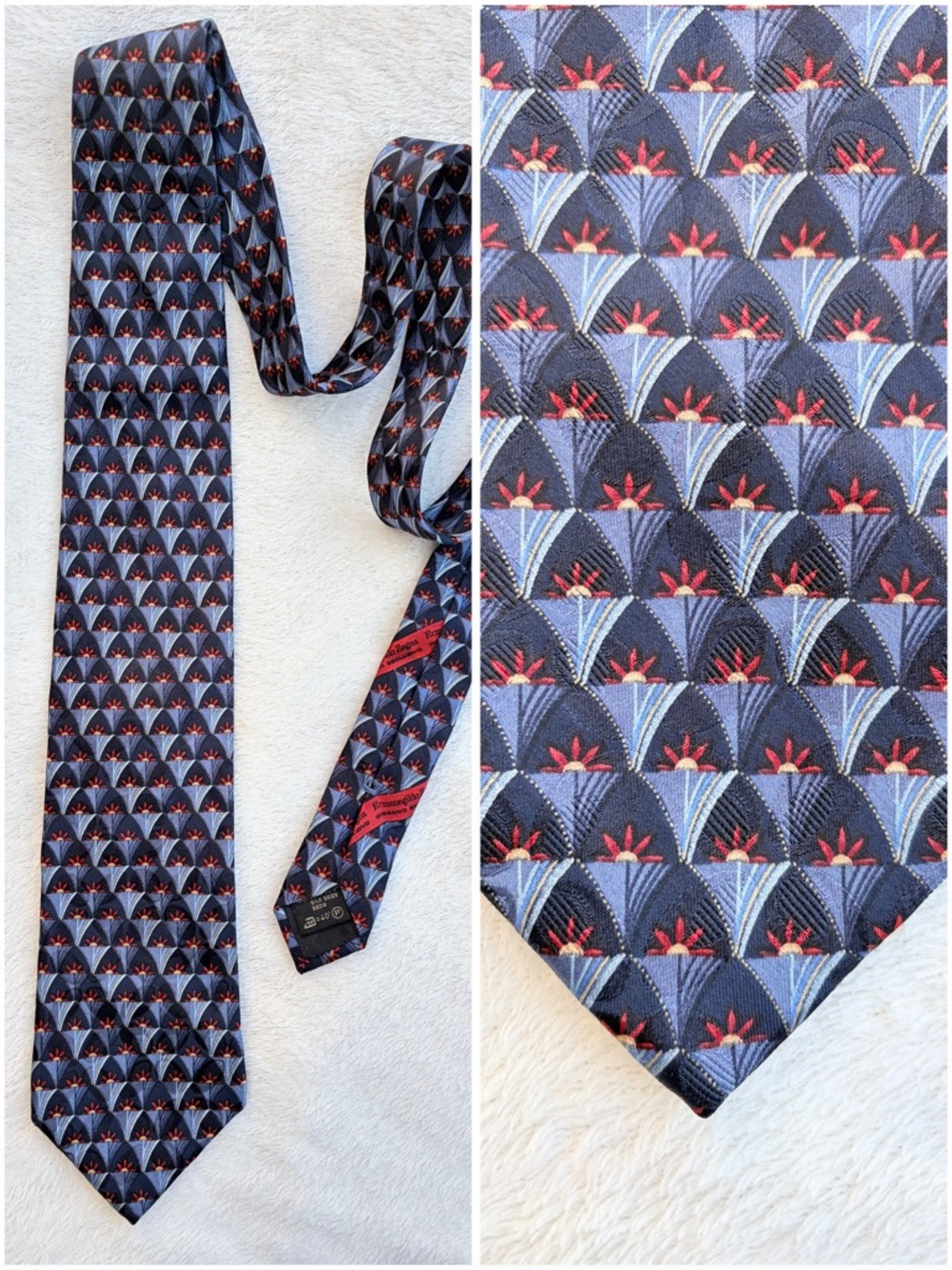 Ermenegildo Zegna Men's Geometric Blue Red Black 100%‎ Silk Satin Tie